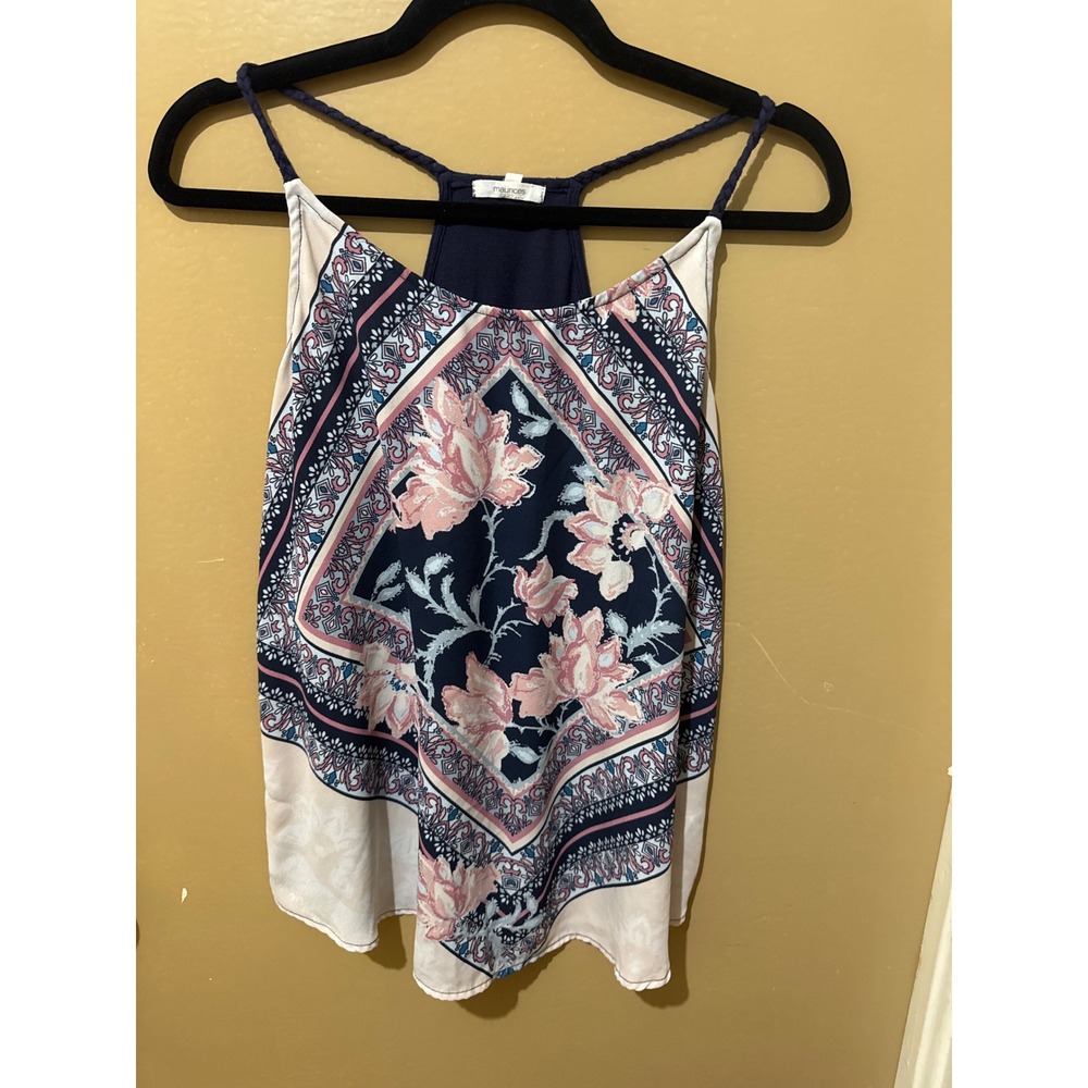 Maurices Tank Top Womens Navy Blue Pink Floral Braided Racerback Boho Medallion